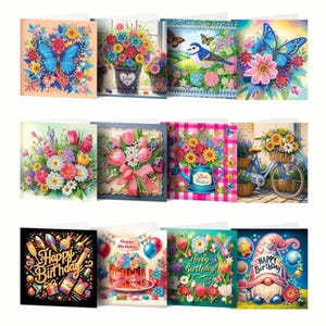 Schmetterlinge, Fahrräder und Geburtstage - Set mit 12 DIY Grußkarten mit Blumen, Luftballons und skurrilen Diamond Art Designs