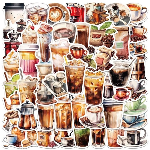 50 Coffee Lover Stickers With Hot Brew and Iced Coffee, Vintage Coffee Makers and Bags Of Beans, PVC Decal Craft Stickers