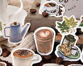 Traditional Coffee Houses, Beans, Grinders, Warm Mugs of Coffee, 46 Deco Stickers