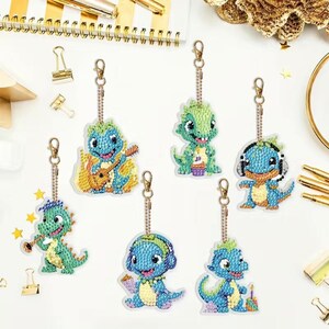 DIY 6 Musical Dinosaurs, Diamond Painting Keychains/Ornament Kit, Includes Tools and Rhinestones