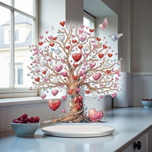 May include: A decorative tree with heart-shaped ornaments in red, pink, and white. The tree has a brown trunk and branches, with a white plate in front. A bowl of red berries sits nearby, with a window in the background.