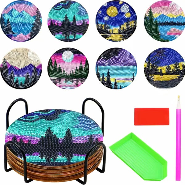 DIY 8 Stunning Landscape Coasters With Aurora Lights, 5D Diamond Painting Kit, Tools and Rhinestones Included