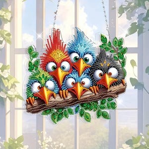 Capteur de soleil Oiseaux colorés sur une branche - Kit de peinture diamant bricolage avec strass - Décoration de fenêtre suspendue simple face