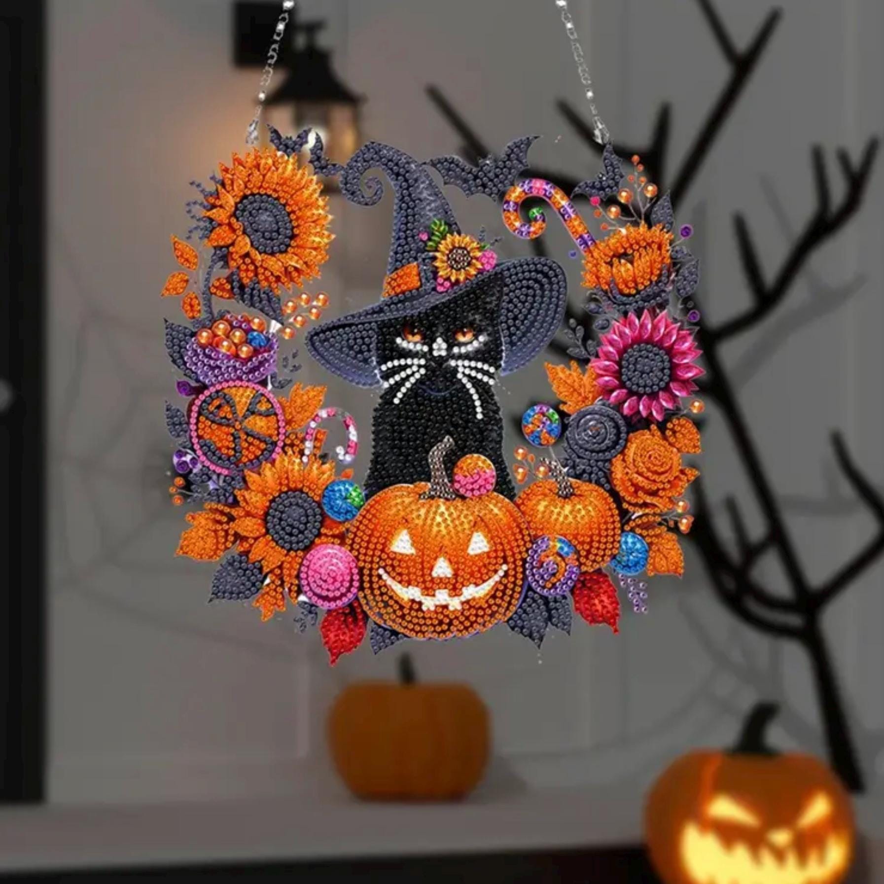 Halloween Pumpkin Diamond Art Hanging Kit - Double Sided 5D DIY Rhinestone Decoration