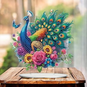 Kit de pintura de diamantes de pavo real: adorno de mesa independiente para hacer uno mismo con diamantes de imitación y herramientas: regalo artesanal de decoración del hogar brillante