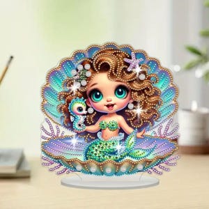 Kit de pintura de diamantes "Sirena joven con caballito de mar": adorno decorativo de mesa de una sola cara