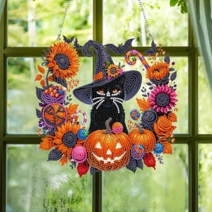 魔女のハロウィン猫ダイヤモンドペインティングキット - カボチャ、キャンディ、花のDIYサンキャッチャー - 吊り下げラインストーン装飾