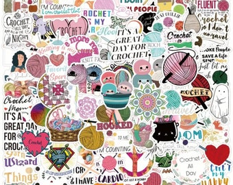 Crochet Sticker Set - 105 Stickers with Humorous Quotes, Yarn Baskets, and Crochet Needles - Premium Quality Decals