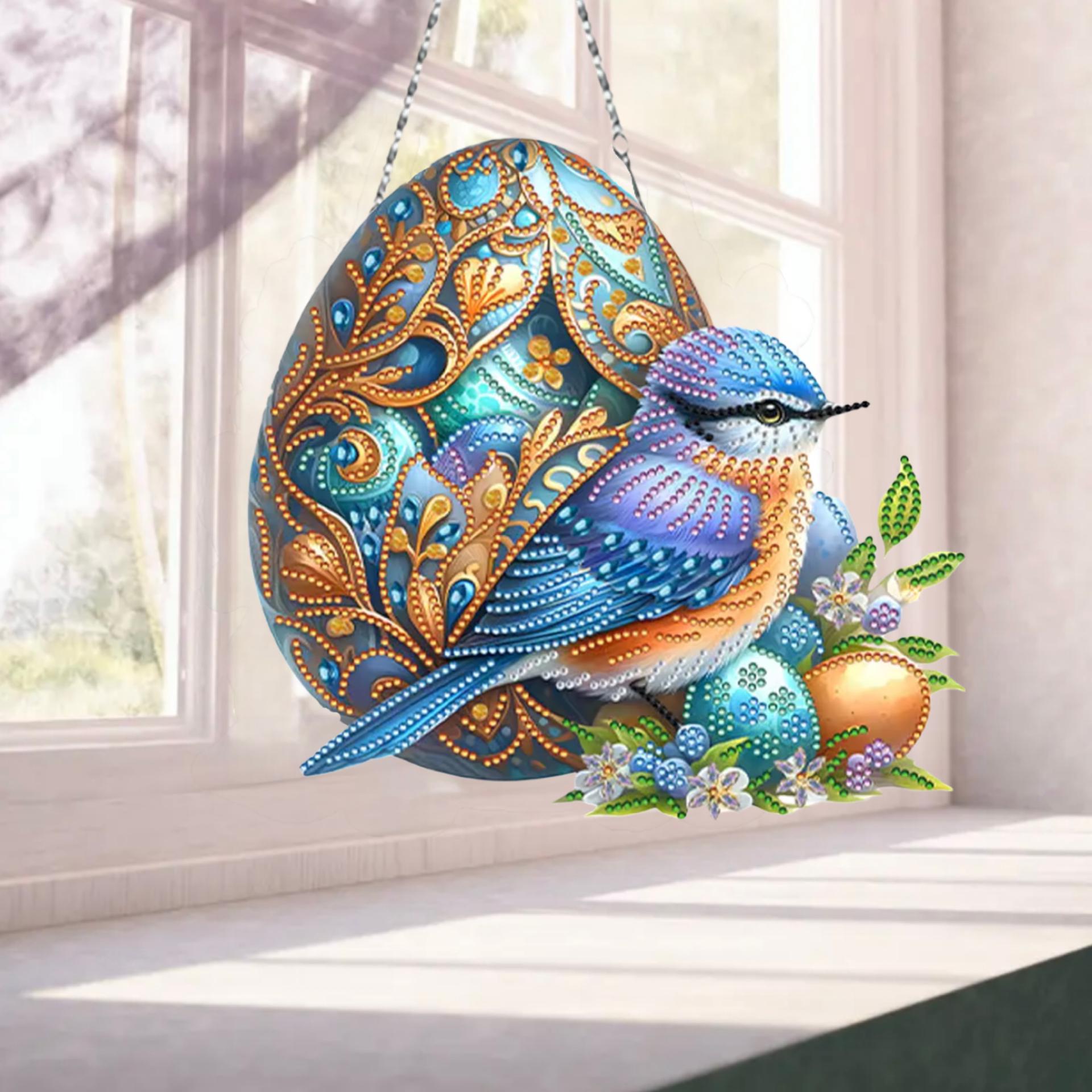 DIY 青い鳥と装飾卵のサンキャッチャー - 片面ダイヤモンドアート