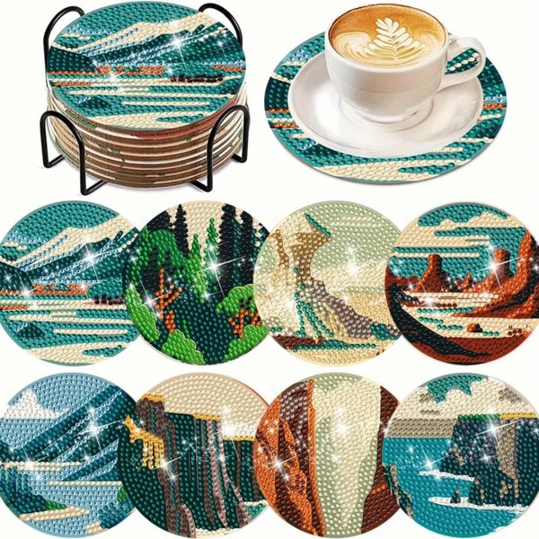 DIY 8 Mountain Side Coasters, 5D Diamond Painting Kit, Tools and Rhinestones Included