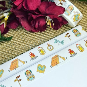Gehen Sie auf eine Wanderung, schlagen Sie ein Zelt, überprüfen Sie die Karte und Ihren Rucksack, Washi Tape Rolle
