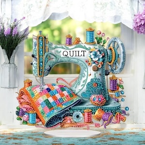 Kit de pintura de diamantes para máquina de coser y acolchado con edredón turquesa: juego de decoración para el hogar DIY con diamantes de imitación y herramientas