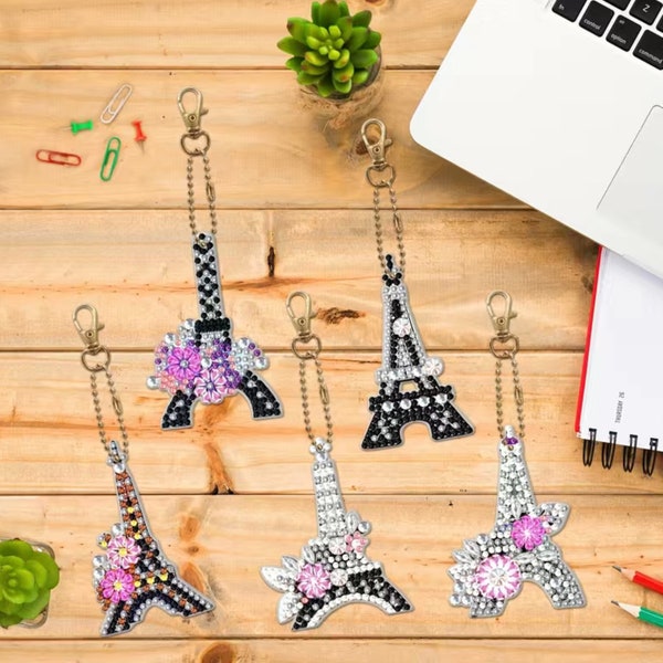 DIY 5 Stunning Eiffel Tower Keychains/Ornaments, Double Sided Diamond Painting Kit, Includes Tools and Rhinestones