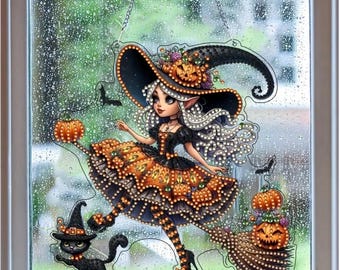 Zestaw do samodzielnego malowania diamentami łapacza słońca na Halloween: dwustronny zestaw do samodzielnego malowania diamentami „Elf Witch”
