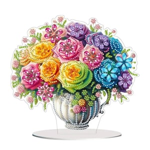 Regenbogen Blumenstrauß - DIY Diamant Malerei Kit für Tischdekoration | Inklusive Strasssteine, Werkzeuge & Acrylständer