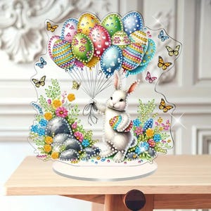 Wunderliches Häschen mit Osterballons – DIY Diamant Malerei Set, Tischdekoration mit Strasssteinen & Werkzeugen – Einseitiges Display