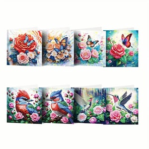 Oiseaux, papillons, roses aux couleurs vives – Lot de 8 cartes de voeux DIY avec des oiseaux et des motifs floraux en forme de losanges