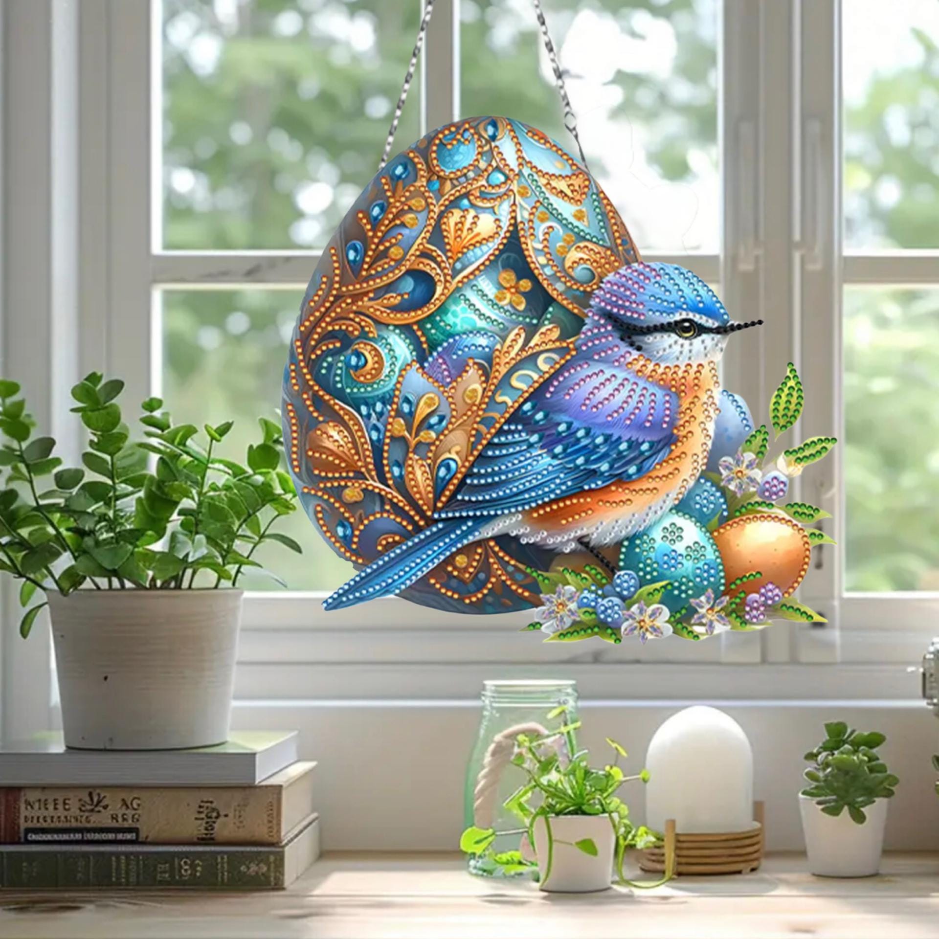 DIY 青い鳥と装飾卵のサンキャッチャー - 片面ダイヤモンドアート