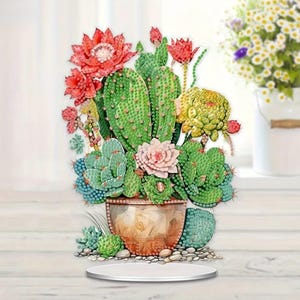 Kit de peinture diamant bricolage Cactus Garden - Décoration de table simple face avec strass, outils et design de pot de succulentes coloré