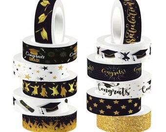 Graduation Washi Tape With 12 Designs In Black, Gold And White, Available In Rolls Or Sample Sets