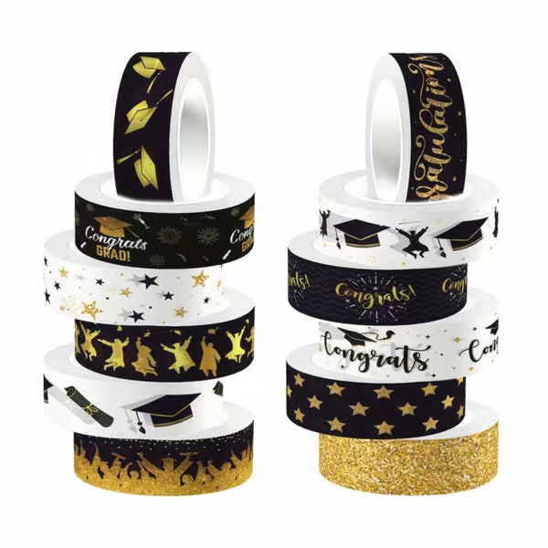 Graduation Washi Tape With 12 Designs In Black, Gold And White, Available In Rolls Or Sample Sets