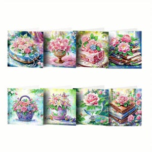 Juego de 8 tarjetas de felicitación florales DIY: Kit de arte de diamantes con libros antiguos, rosas, jarrones y elegantes escenas decorativas.
