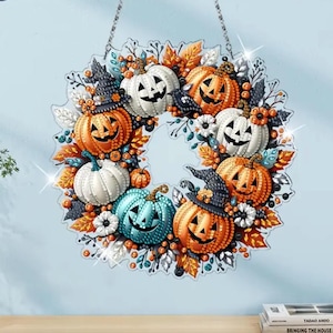 Kit de peinture diamant DIY couronne de citrouille - attrape-soleil à suspendre double face avec strass pour décoration de fenêtre ou de mur