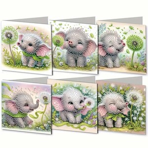 Baby Elefanten und Löwenzahn - DIY Diamant Malerei Karte (6er Set) mit Strasssteinen & Werkzeugen inklusive