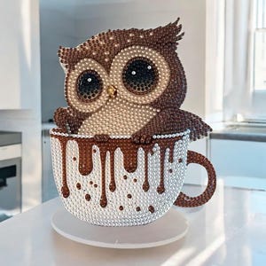 Kit de peinture diamant DIY - Hibou mignon dans une tasse à café | Art en strass avec outils | Idée cadeau pour une décoration de table