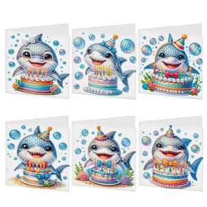 Kit de cartes de peinture diamant de fête d'anniversaire de requin avec d'adorables décorations de gâteau de requin - outils et strass inclus