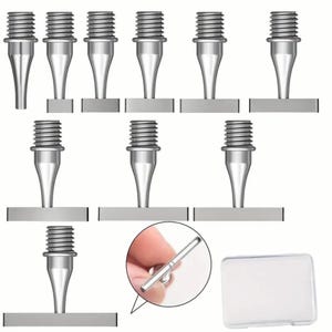 May include: Set of ten silver metal stamp heads with different tip shapes, each mounted on a square base. The stamp heads are arranged in three rows, with a clear plastic storage case in the lower right corner.