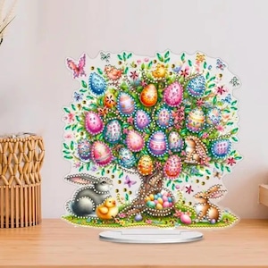 Kit de pintura de diamantes para hacer un árbol de huevos de Pascua: decoración de mesa con conejitos, adorno de un solo lado con herramientas y diamantes de imitación