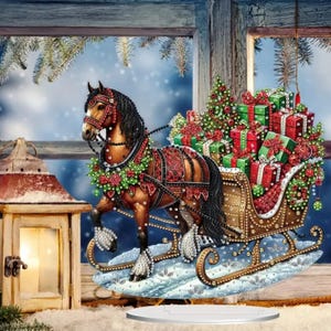 May include: A decorative Christmas scene featuring a brown horse pulling a sleigh filled with wrapped gifts and a Christmas tree. The horse is adorned with festive decorations, and the sleigh is detailed with gold accents. A lantern is visible on the left.