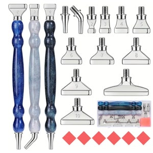 15 Piece Diamond Painting Pen Kit, With 12 Silver Drill Heads And 3 Resin Stylus Pens In Blue, Dark Gray & Dark Green + Storage Box and Wax