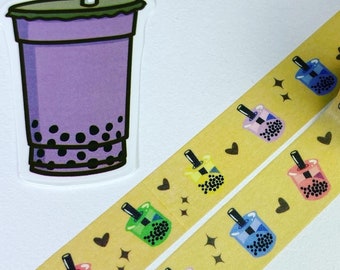 Bubble Tea, Colorful Boba Tea on Yellow Washi Tape Rolls, Designer Washi