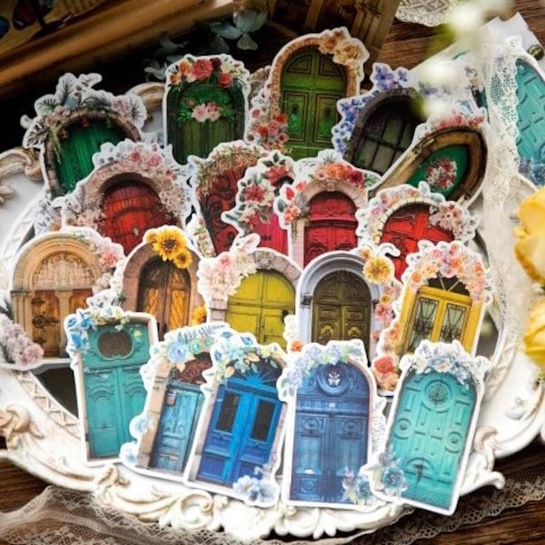 Bellissime porte in legno con fiori, colori simili a gioielli, 20 adesivi decorativi