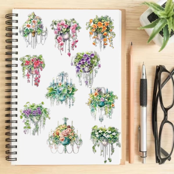 20 Stunning Chandelier And Hanging Flower Stickers Dripping With Lush Flowers & Vines, Made From PET Material With Silver Stamping