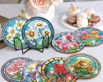 DIY 8 Flowers Inside Stained Glass Coasters, 5D Diamond Painting Kit, Tools and Rhinestones Included