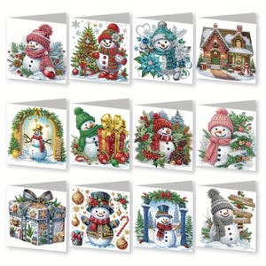 Kit de 12 tarjetas navideñas para hacer tú mismo: muñecos de nieve y regalos festivos, pintura de diamantes 5D con herramientas y diamantes de imitación