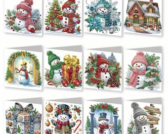 Kit DIY 12 cartes de Noël - Bonhommes de neige festifs et cadeaux, peinture 5D diamant avec outils et strass