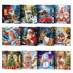Crea magia navideña con este kit de 12 tarjetas de pintura con diamantes: Papá Noel clásico, coche rojo festivo y diseño de árbol. Incluye herramientas y diamantes de imitación.