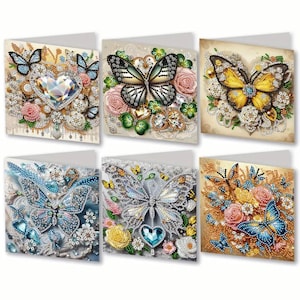 Lot de 6 cartes de voeux papillons, kit de peinture diamant DIY avec strass et outils, intérieur vierge pour toutes les occasions