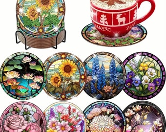 DIY 8 Floral Coasters With Stained Glass Appearance, 5D Diamond Painting Kit, Tools and Rhinestones Included