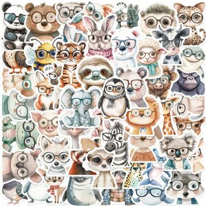 50 Adorable Animals Stickers With Reading Glasses, High Quality Decal Stickers
