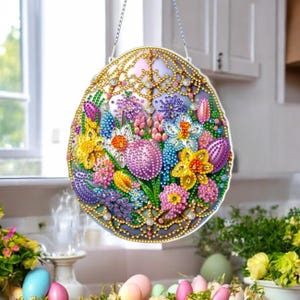 Kit attrape-soleil bricolage double face oeuf de Pâques diamant avec motif floral et accents dorés - strass et outils inclus