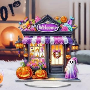 Willkommens-Halloween-Candy Shop-Tischdekoration - Einseitiges DIY-Diamantmalerei-Set mit Strasssteinen & Werkzeugen - Gruseliges, süßes Feiertags-Handwerk
