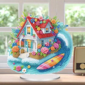 Kit de pintura de diamantes DIY Surf House: decoración de mesa de una sola cara con diamantes de imitación y herramientas