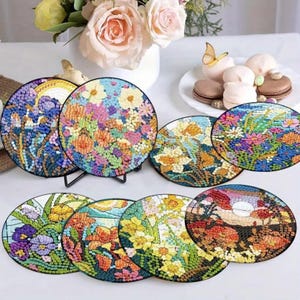 Zestaw do malowania diamentami Vibrant Floral Coasters z tłem krajobrazowym - zestaw do majsterkowania z narzędziami i kryształkami