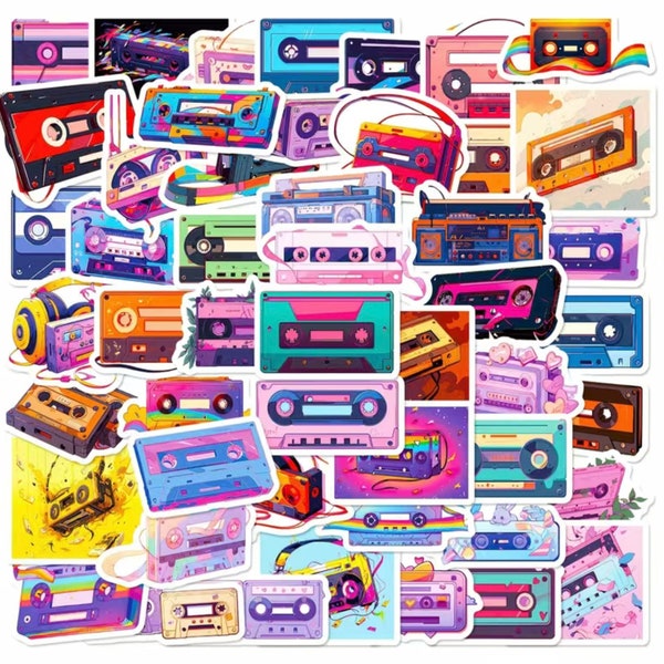 50 Cassette Tapes & Boom Box Stickers, Music In The 80s and 90s, High Quality Decal Craft Stickers