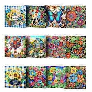 12 Grußkarten mit Strasssteinen - DIY Diamond Art Kit mit Schmetterlingen, Blumen, Paisley-Mustern & leuchtenden Designs